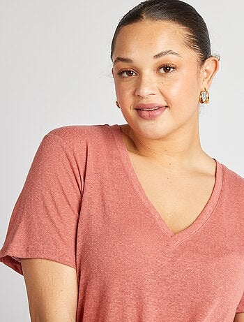 T-shirt col V en lin mélangé