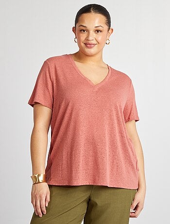 T-shirt col V en lin mélangé