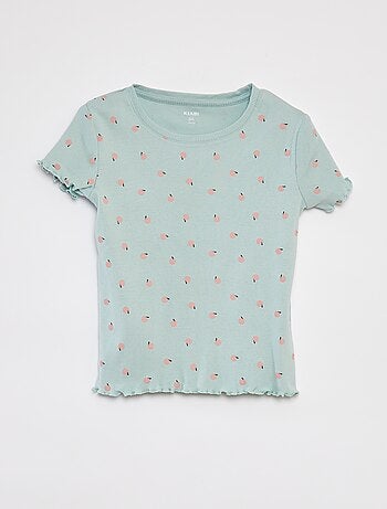 T-shirt côtelé avec bords ondulés et motifs