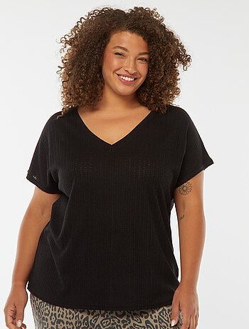 T-shirt en maille gaufrée et ajourée à manches courtes