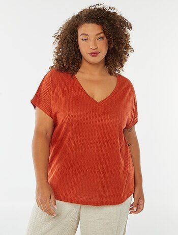 T-shirt en maille gaufrée et ajourée à manches courtes