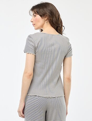 T-shirt uni en maille côtelé manches courtes