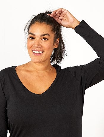 Grande taille femme - Tee-shirt col V manches longues maille flammée - Kiabi