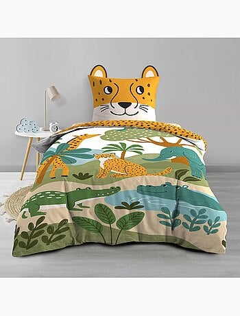 2-delige kinderbeddenset van 100 % katoen met jungle-dierenprint: dekbedovertrek + kussensloop