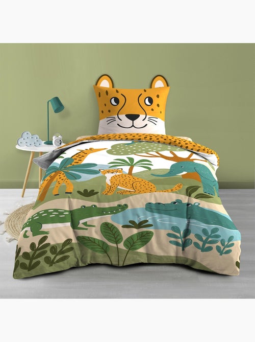 2-delige kinderbeddenset van 100 % katoen met jungle-dierenprint: dekbedovertrek + kussensloop - Kiabi