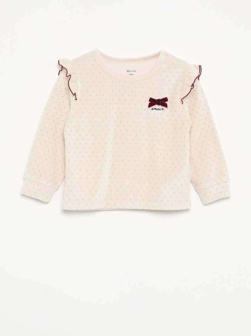 2-delige pyjamaset van velours - Sweater met ruches bij de armsgaten + broek Biege - Kiabi