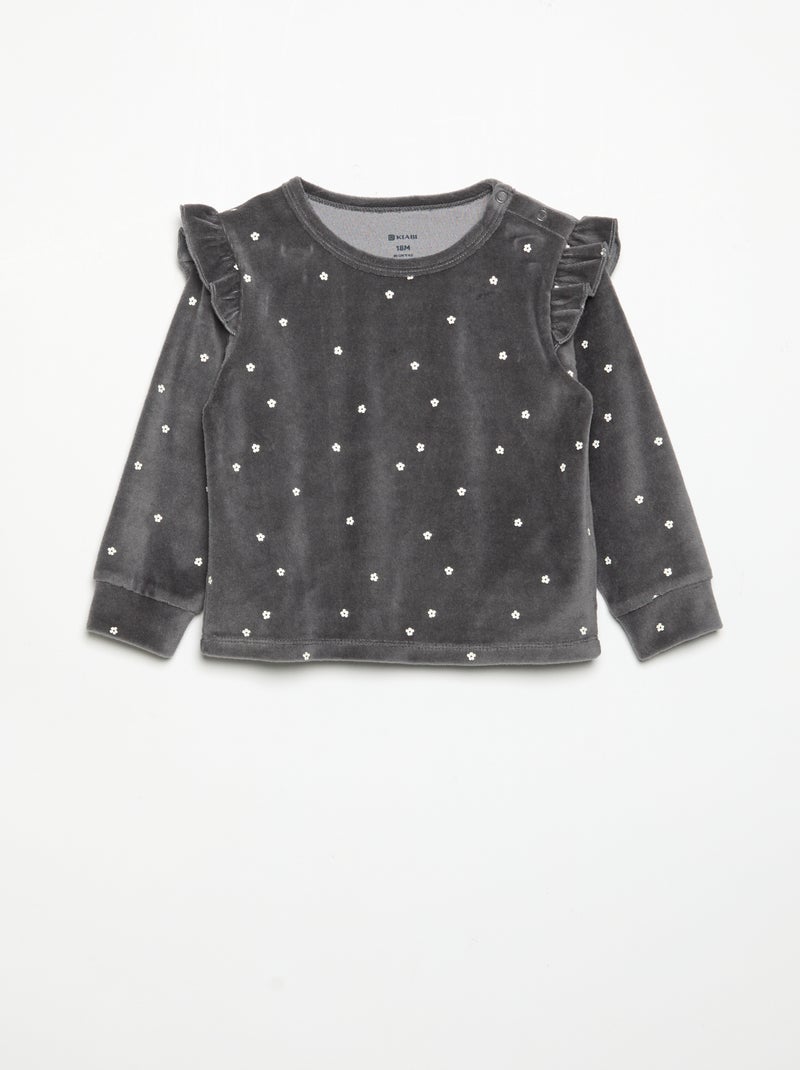 2-delige pyjamaset van velours - Sweater met ruches bij de armsgaten + broek Zwart - Kiabi
