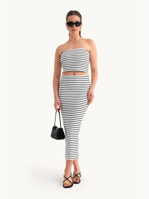 2-delige set: strapless gestreepte kort top en gestreepte midi-rok met middelhoge taille hiccup - Kiabi