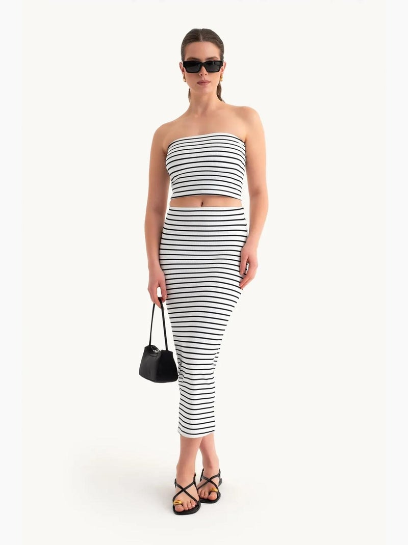 2-delige set: strapless gestreepte kort top en gestreepte midi-rok met middelhoge taille hiccup Wit - Kiabi