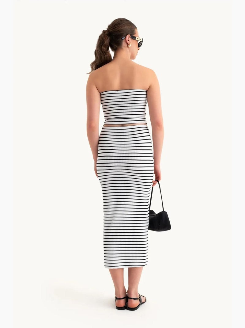 2-delige set: strapless gestreepte kort top en gestreepte midi-rok met middelhoge taille hiccup Wit - Kiabi