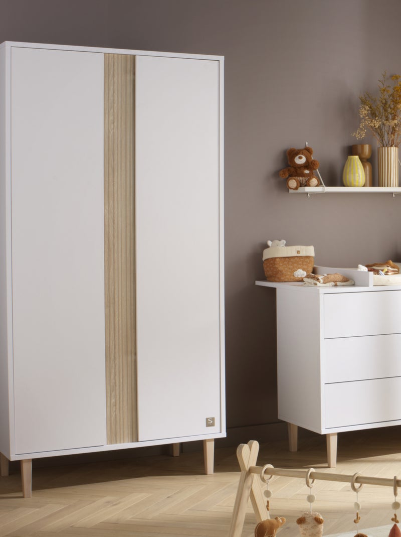 2-deurs kledingkast met gestructureerd imitatiehout detail en houten poten Wit Bruin - Kiabi