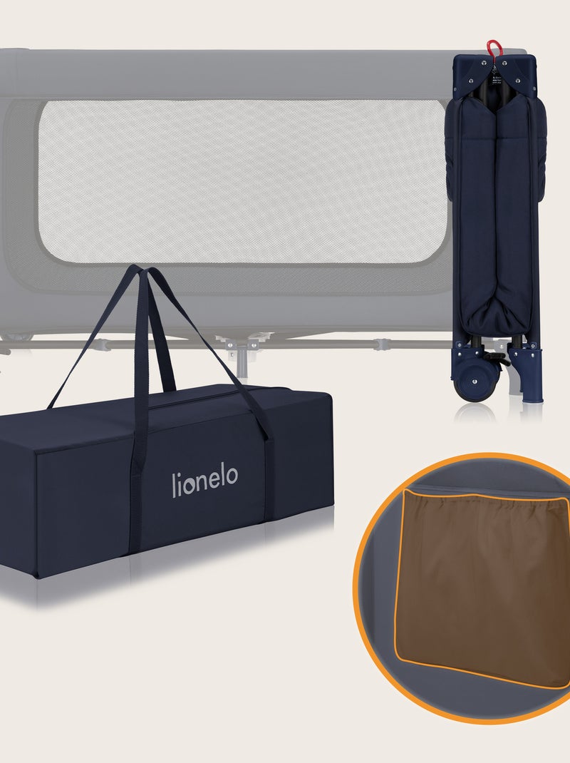 2-in-1 reisbedje LIONELO Jasmin – Babybox – Snel inklapbaar – Wieltjes – 0–36 maanden – Zijvak Blauw - Kiabi