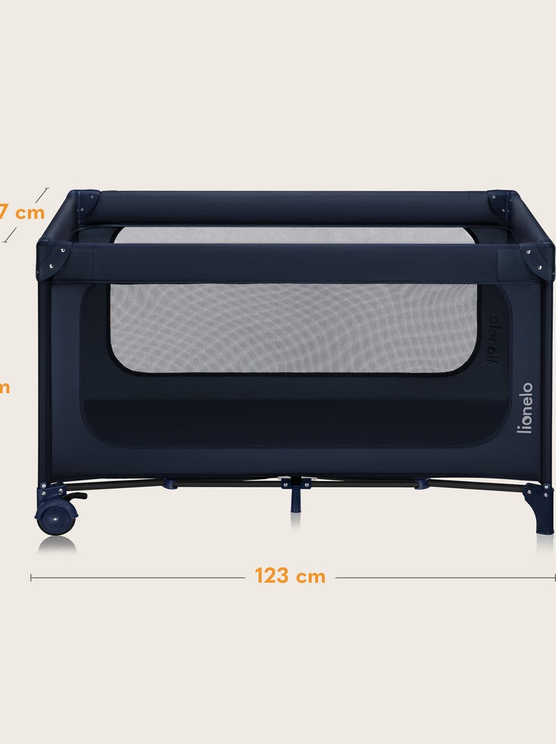 2-in-1 reisbedje LIONELO Jasmin – Babybox – Snel inklapbaar – Wieltjes – 0–36 maanden – Zijvak Blauw - Kiabi
