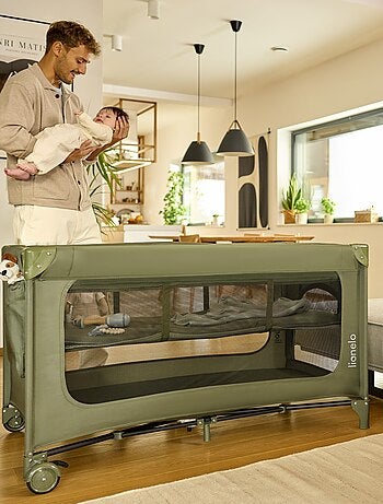 2-in-1 reisbedje LIONELO Jasmin – Babybox – Snel inklapbaar – Wieltjes – 0–36 maanden – Zijvak
