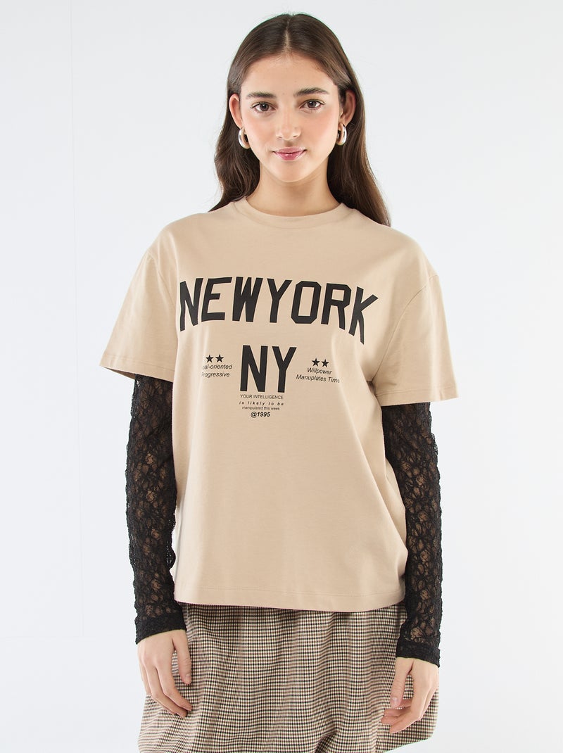 2-in-1 T-shirt met kant Biege - Kiabi