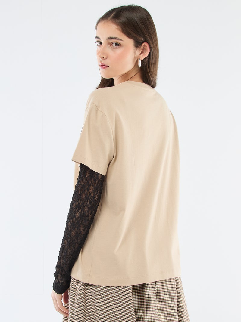2-in-1 T-shirt met kant Biege - Kiabi
