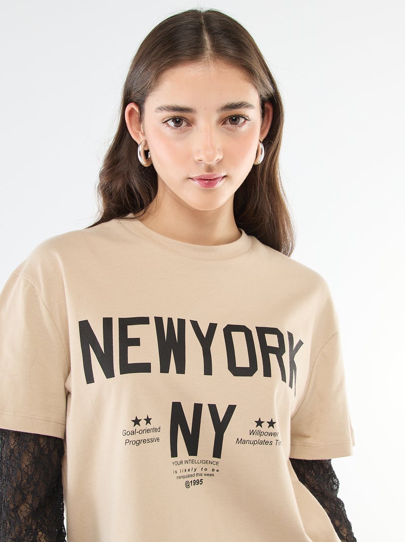2-in-1 T-shirt met kant Biege - Kiabi