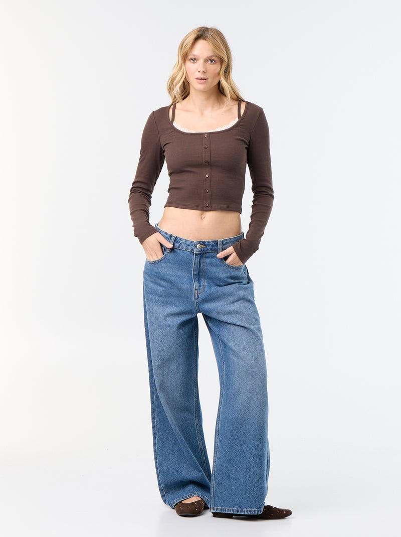 2-in-1 T-shirt met tanktop en kanten kraag Bruin - Kiabi