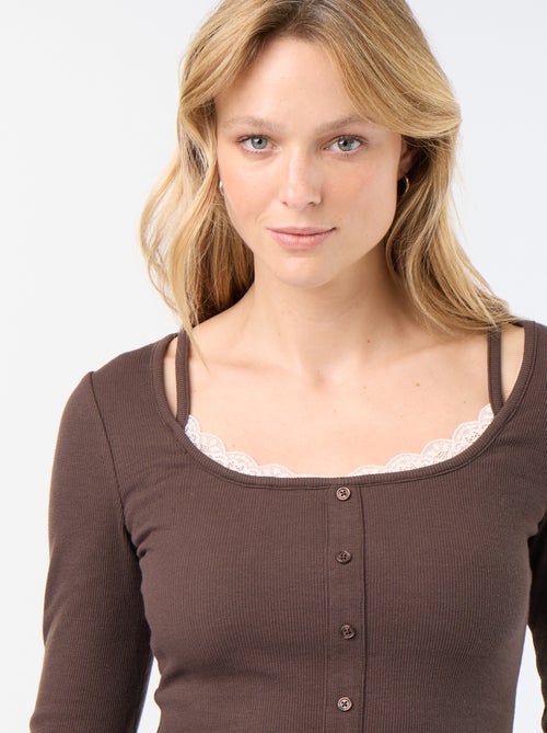 2-in-1 T-shirt met tanktop en kanten kraag - Kiabi