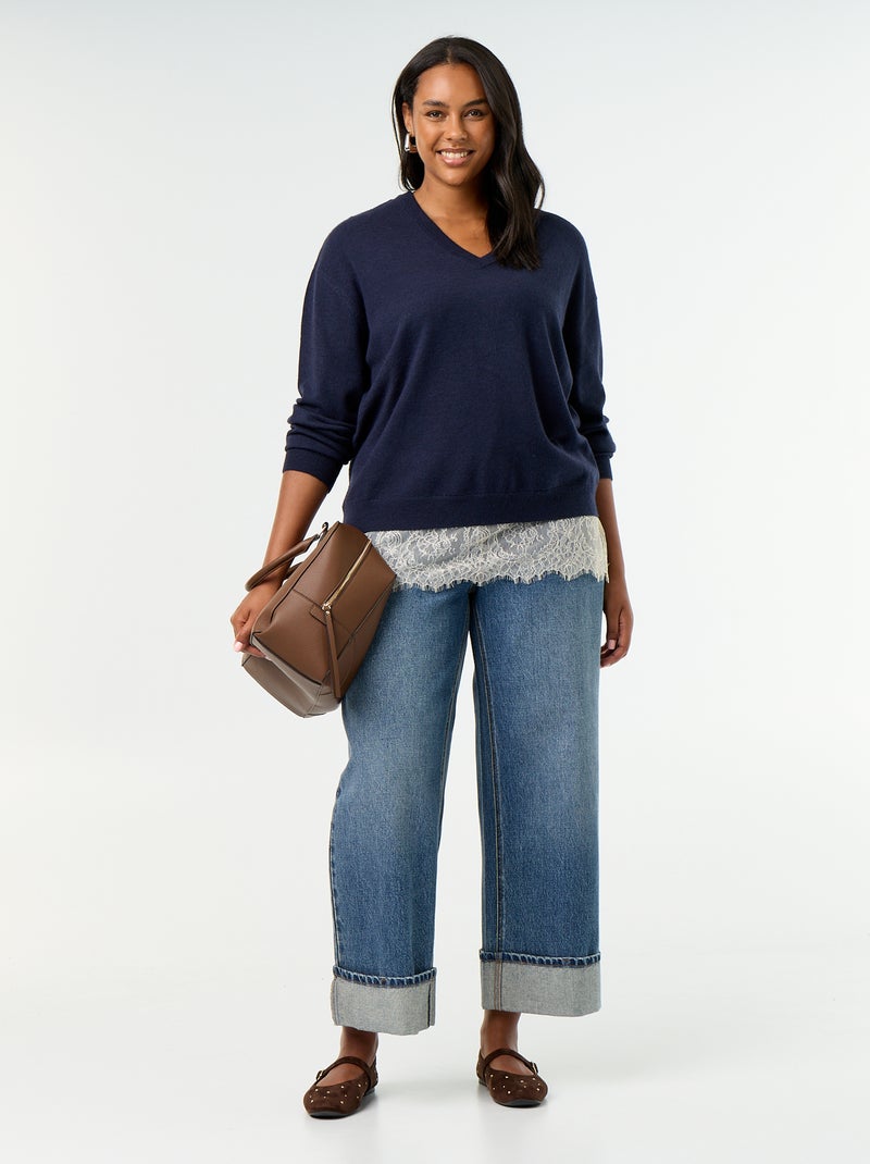 2-in-1 trui met gemengde wol en kant Blauw - Kiabi