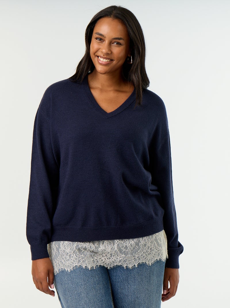 2-in-1 trui met gemengde wol en kant Blauw - Kiabi