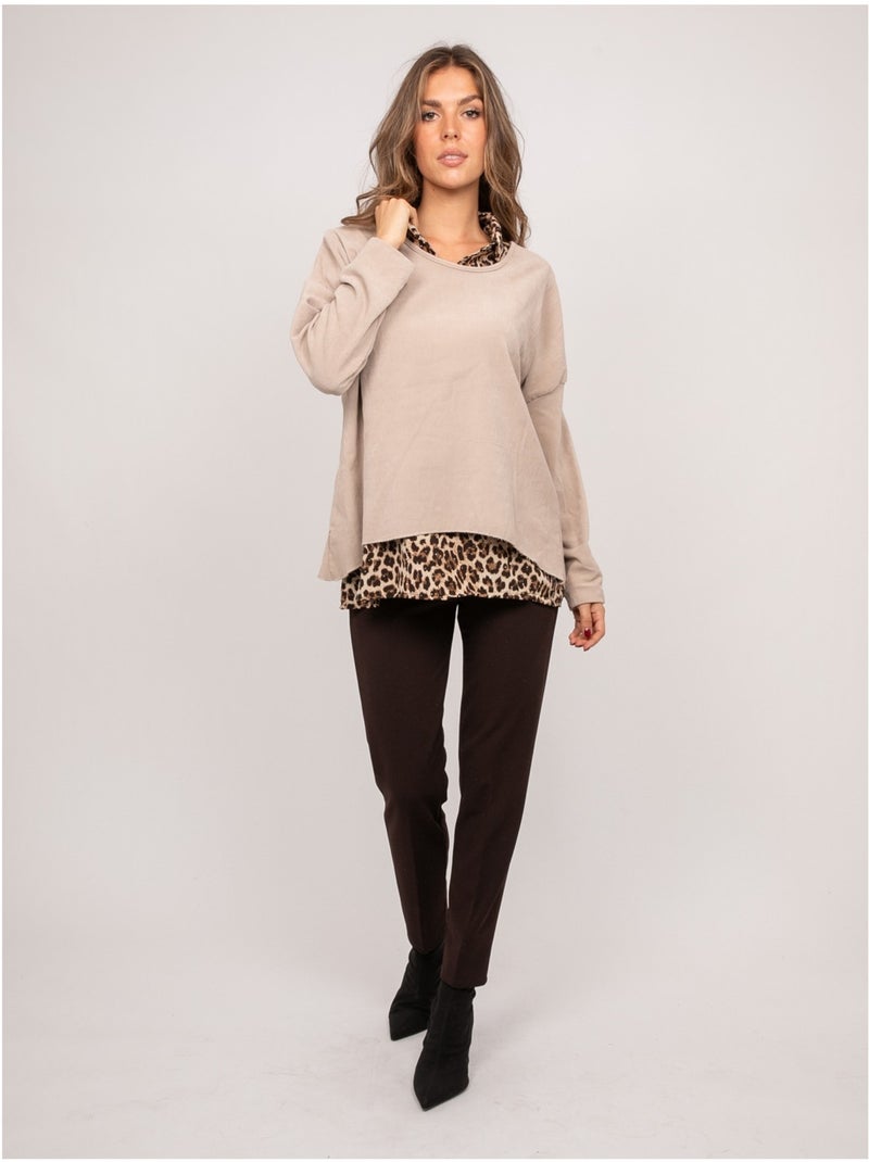 2-in-1 trui met laageffect en luipaard overhemdkraag keva Beige - Kiabi