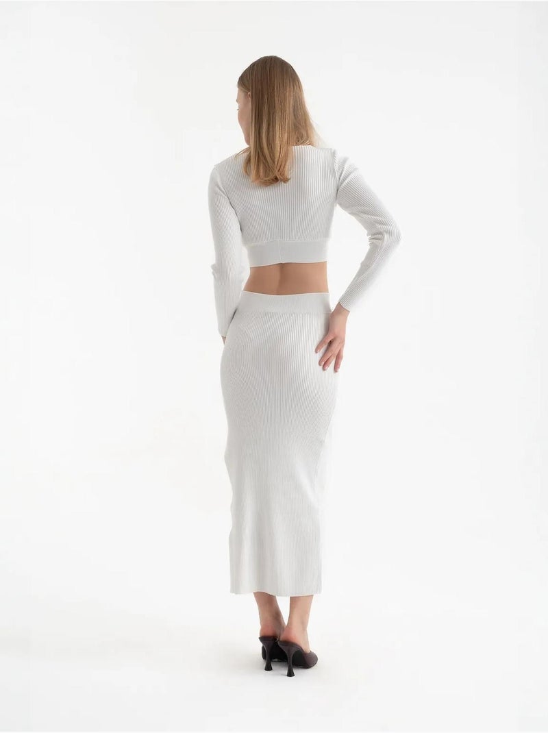 2 stuks: V-hals crop top met lange mouwen en hoge taille maxi-rok met split Wit - Kiabi