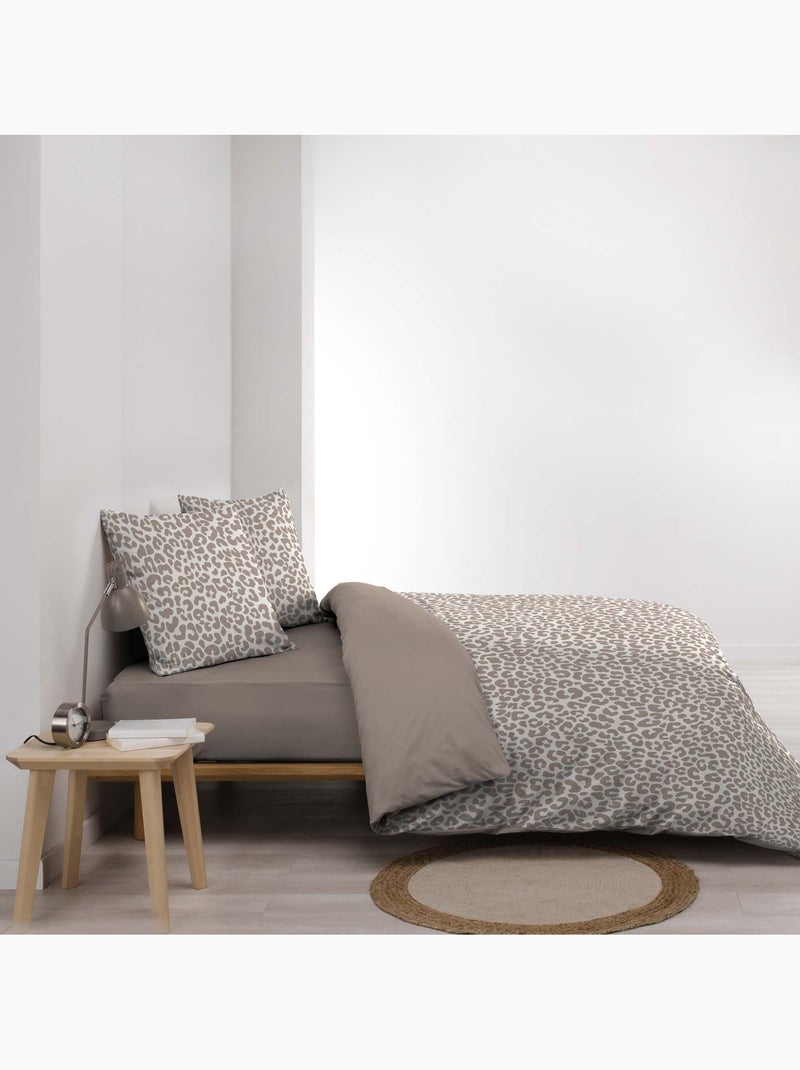 3-delige beddenset van 100% katoen met luipaardprint: dekbedovertrek + kussenslopen Grijsbeige - Kiabi