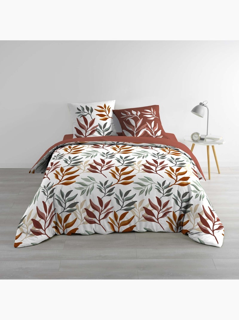 3-delige beddenset van 100 % katoen met plantenprint: dekbedovertrek + kussenslopen Rood - Kiabi