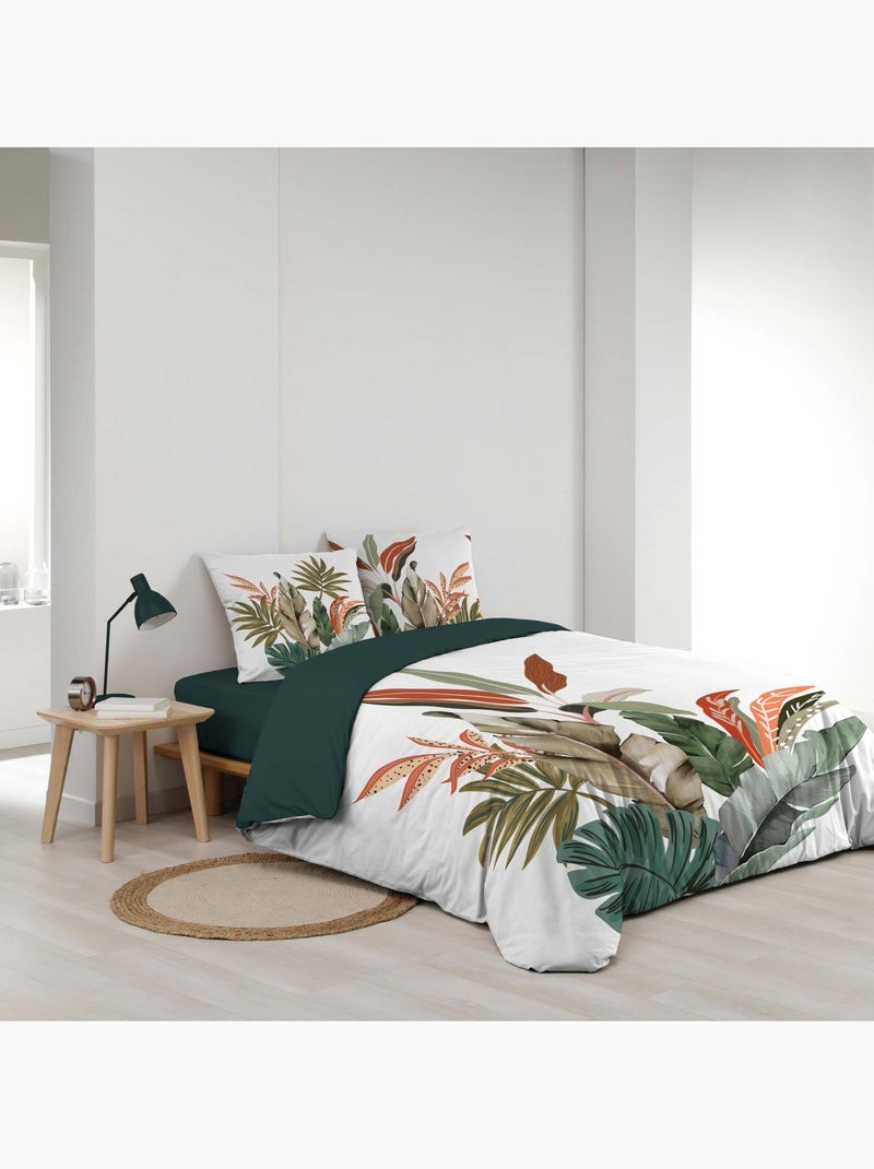 3-delige beddenset van 100 % katoen met tropisch motief: dekbedovertrek + kussenslopen Groen - Kiabi