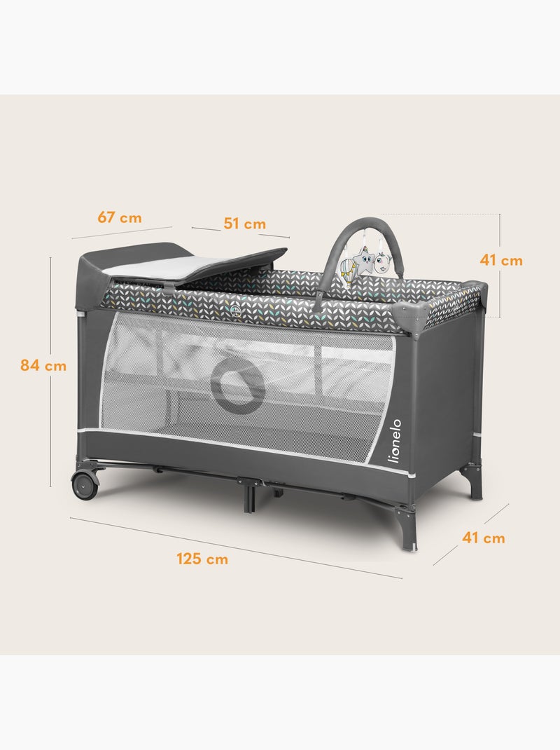 3-in-1 reisbedje LIONELO Flower – Babybox – 0-36 maanden – Snel opvouwbaar – Wieltjes Donkergrijs - Kiabi