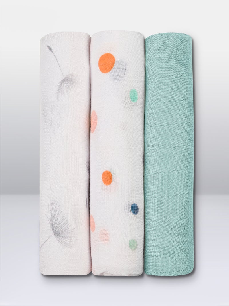 3 x Katoenen babydoeken van natuurlijke bamboe LIONELO – 70 x 70 cm – Antibacterieel Wit Blauw Wit - Kiabi