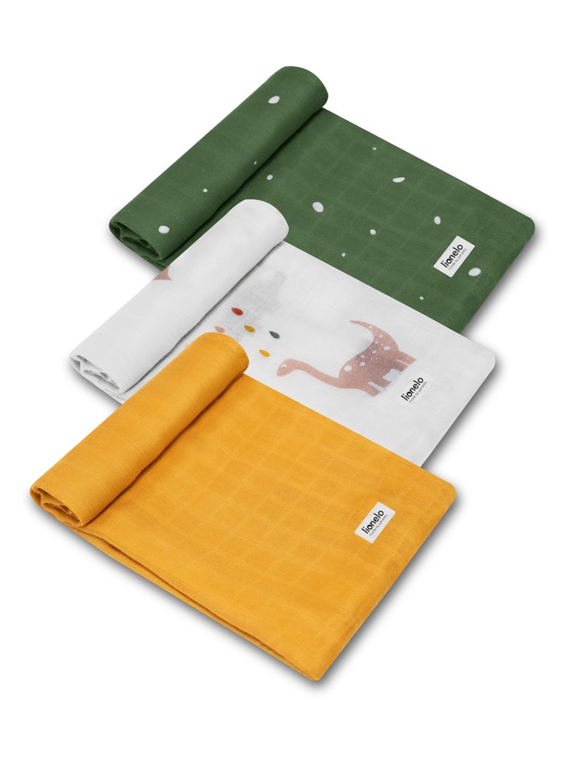 3 x Katoenen babydoeken van natuurlijke bamboe LIONELO – 70 x 70 cm – Antibacterieel Wit/Geel/Groen - Kiabi