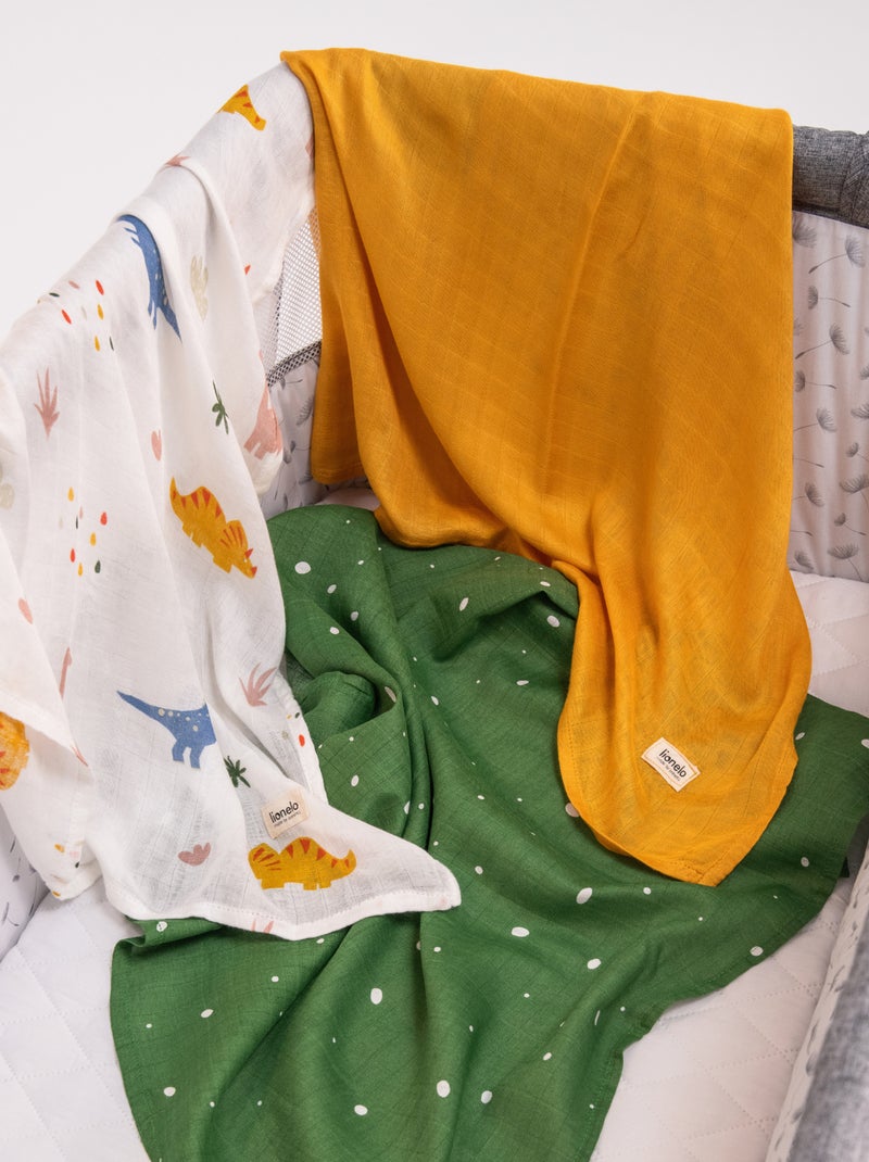 3 x Langes coton bébé en bambou naturel LIONELO - 70x70 cm - Antibactériens Blanc/Jaune/Vert - Kiabi