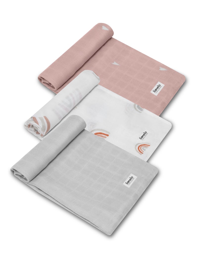 3 x Langes coton bébé en bambou naturel LIONELO - 70x70 cm - Antibactériens Gris Rose Blanc - Kiabi