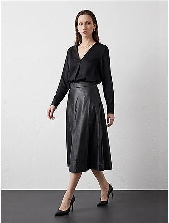 A-lijn midi-rok van imitatieleer met hoge taille my fashion