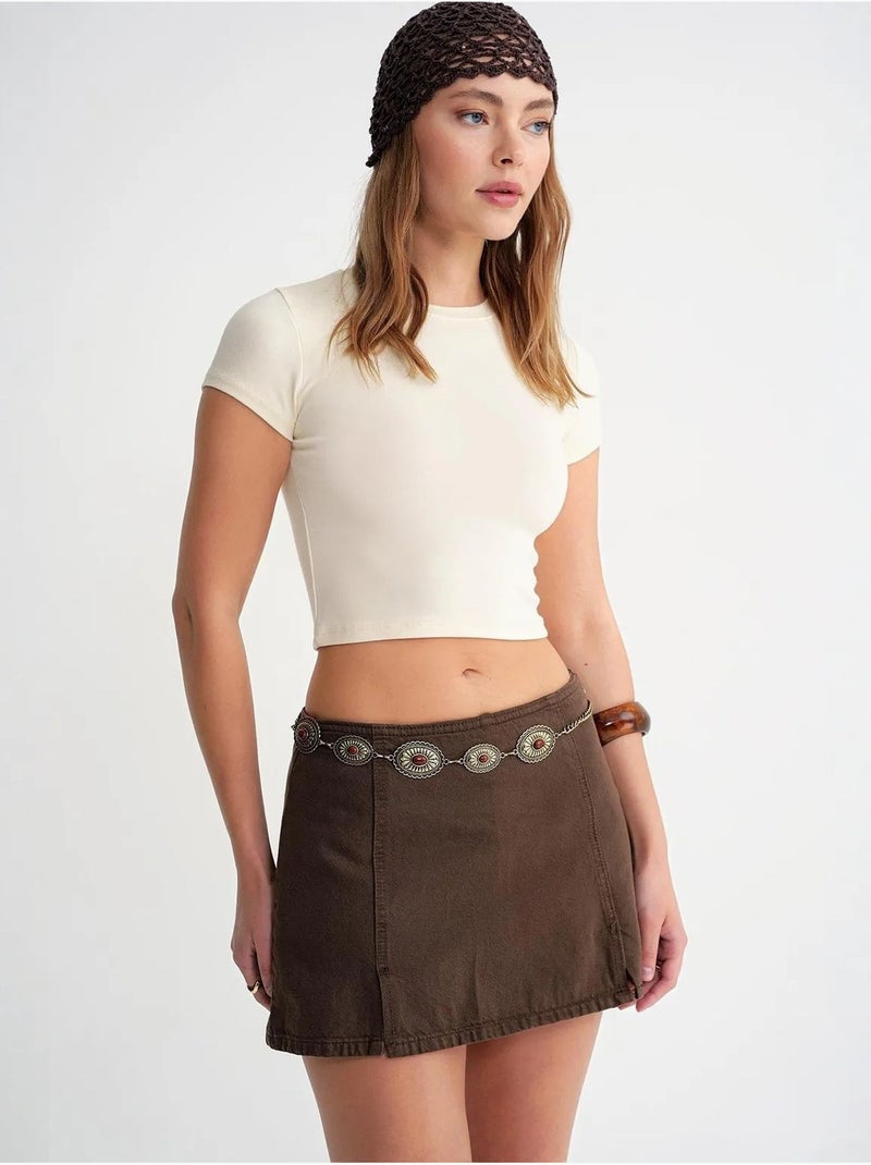 Aansluitend cropped gebreid t-shirt mixray Crème - Kiabi