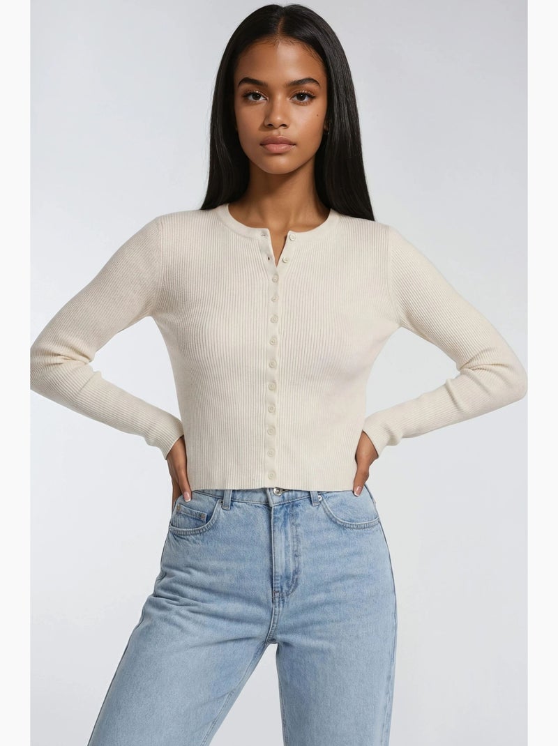 Aansluitend ribgebreid vest met knopen mixray Beige - Kiabi