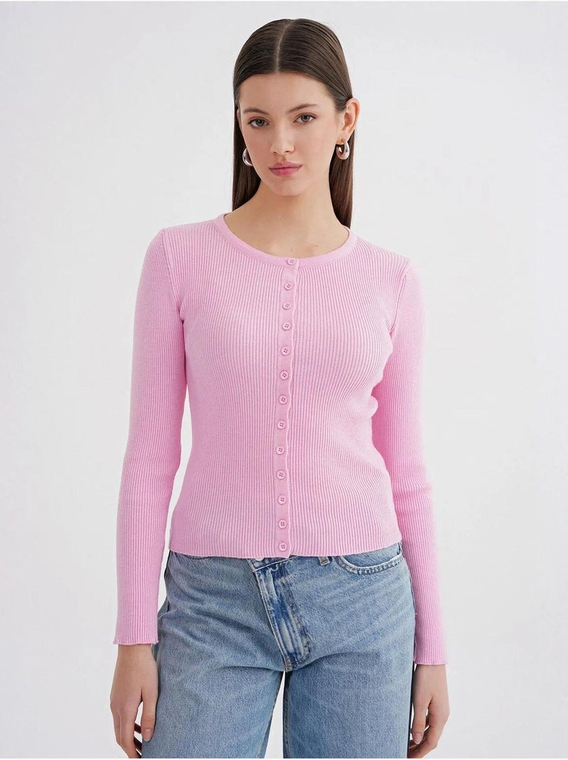 Aansluitend ribgebreid vest met knopen mixray Bleekroze - Kiabi
