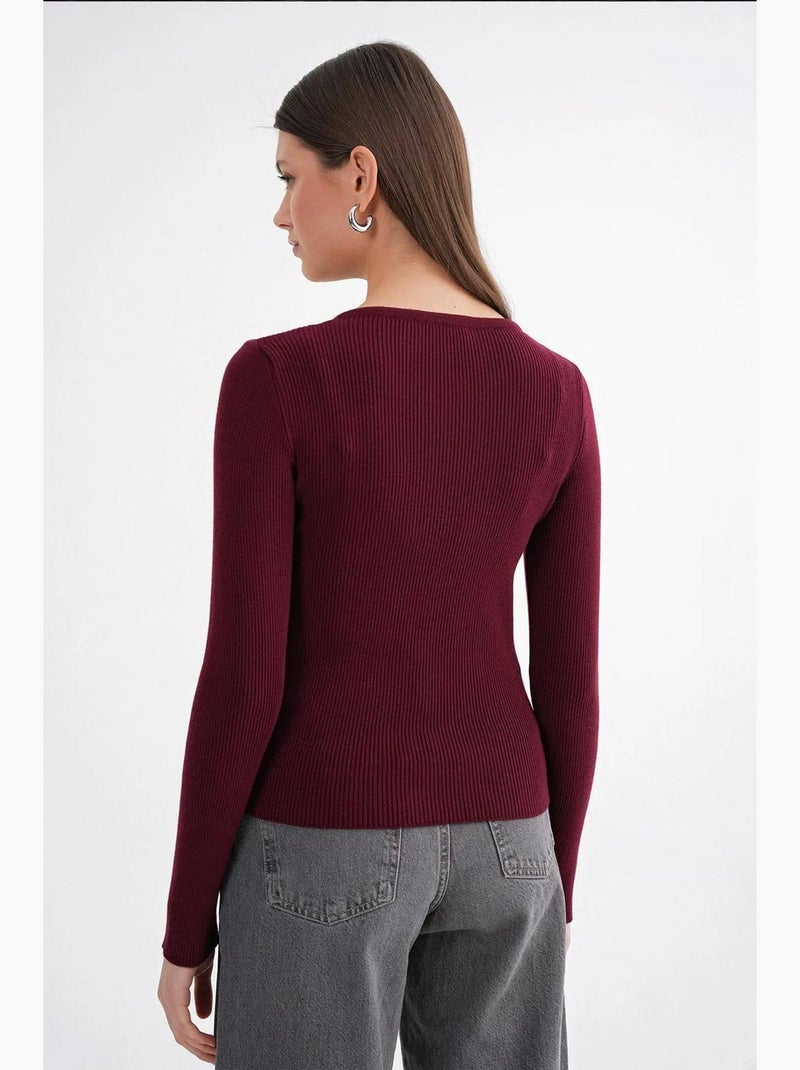 Aansluitend ribgebreid vest met knopen mixray Bordeauxrood - Kiabi