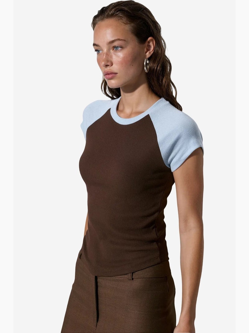 Aansluitend t-shirt met ronde hals en kleurvlakken busem Bruin - Kiabi