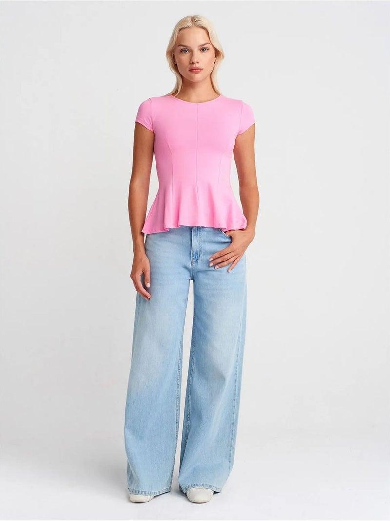 Aansluitend t-shirt met ronde hals en ruches dilvin Fluorroze/Solinotes - Kiabi