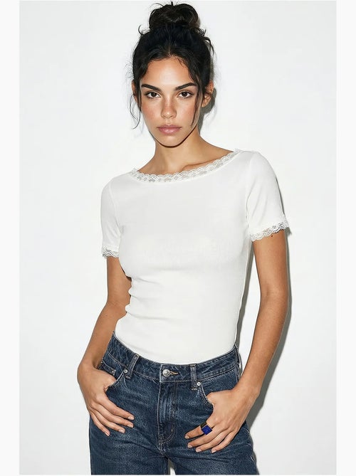 Aansluitende blouse met boothals en kant lucci - Kiabi