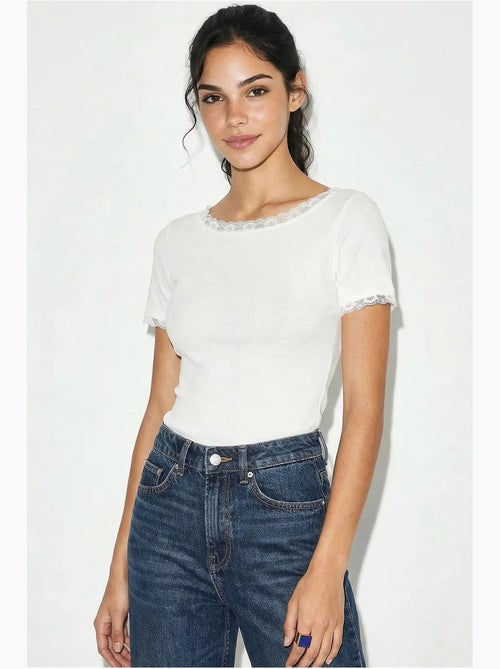 Aansluitende blouse met boothals en kant lucci - Kiabi