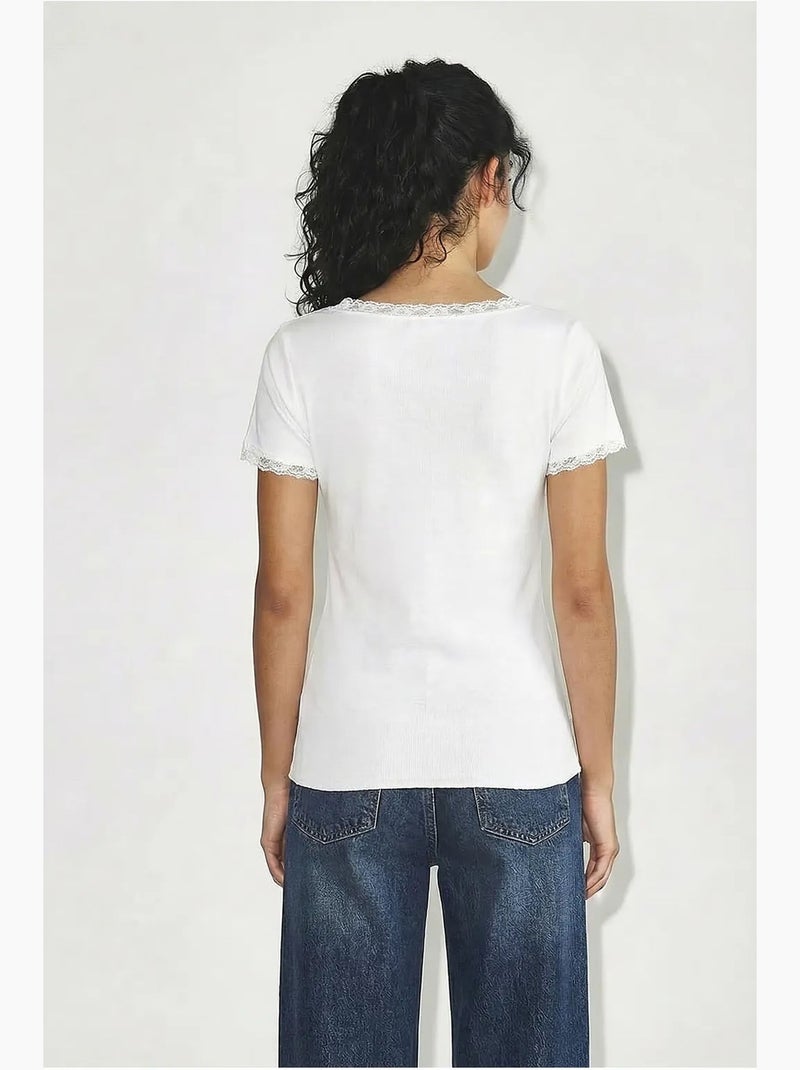 Aansluitende blouse met boothals en kant lucci Wit - Kiabi