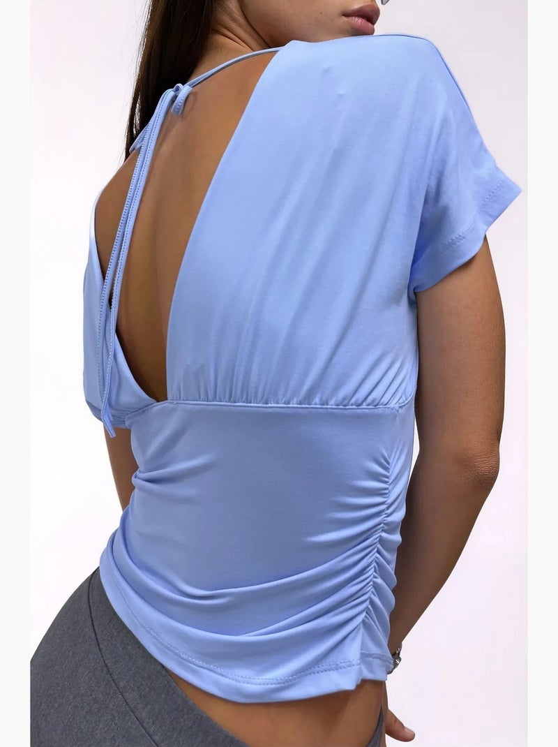 Aansluitende cropblouse met strikdetail busem Hemelsblauw - Kiabi