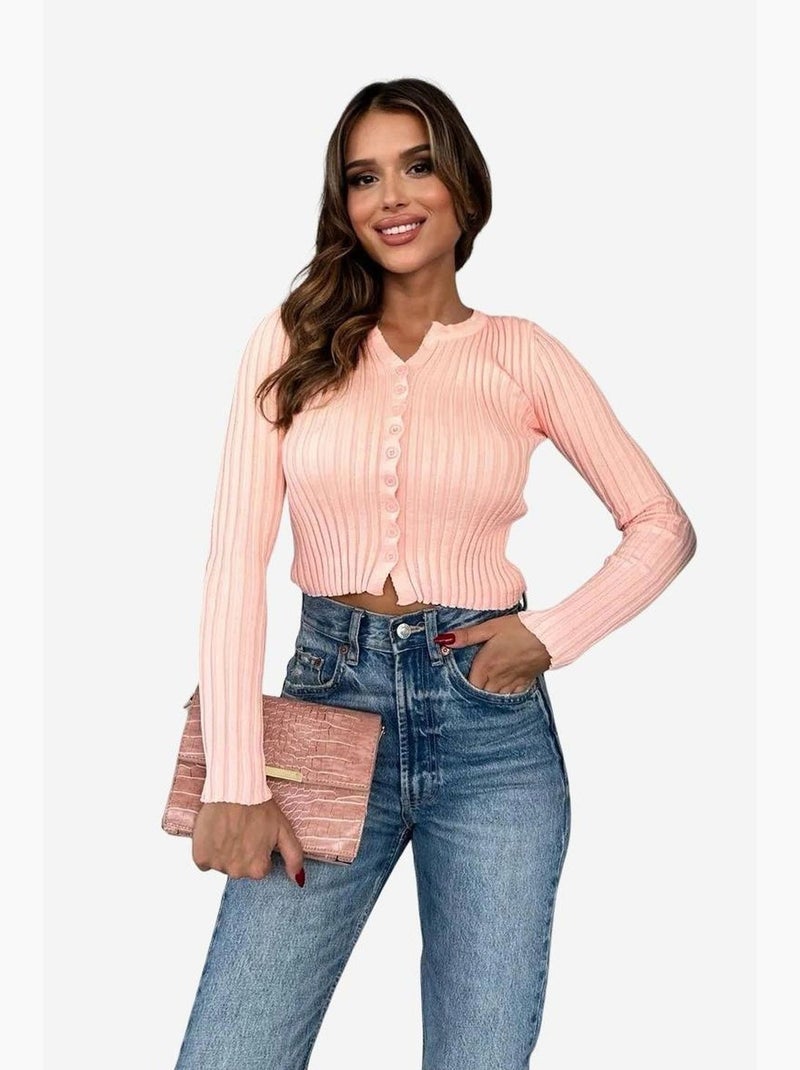 Aansluitende geribde cropped trui met knopen my fashion Bleekroze - Kiabi