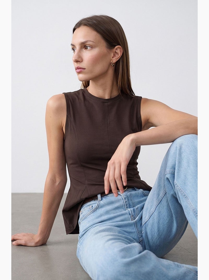 Aansluitende katoenen poplin top met cut-out dilvin Chocoladebruin - Kiabi