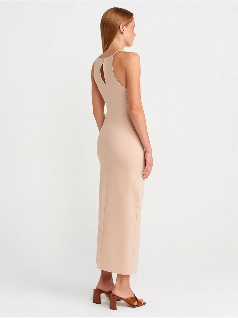 Aansluitende midi-jurk met halter en split dilvin Klei-beige - Kiabi