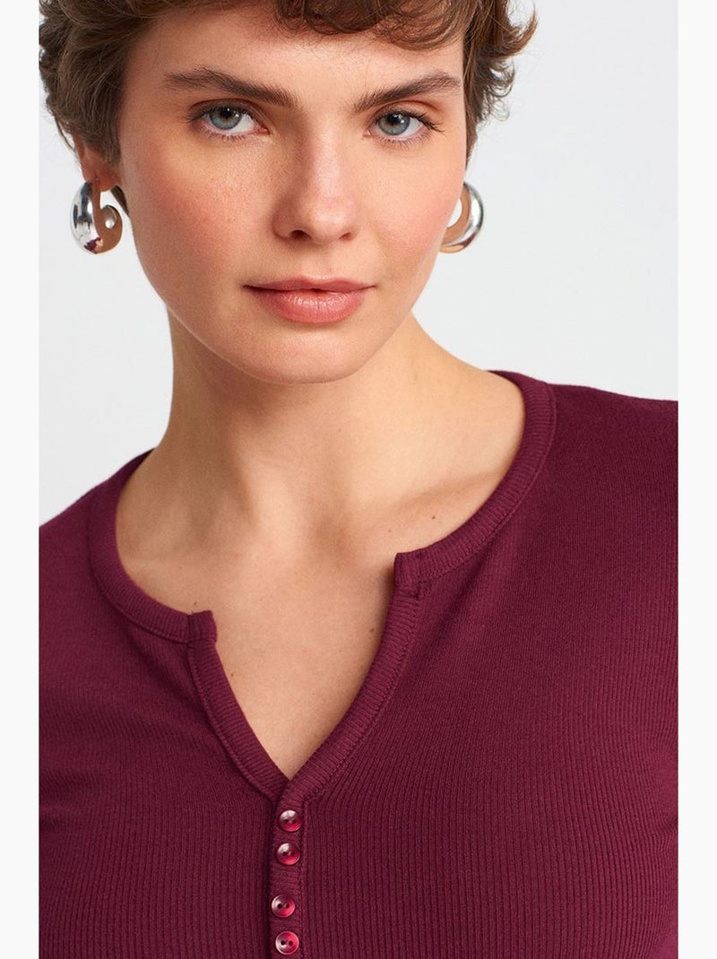 Aansluitende ribgebreide blouse met knopen dilvin Bordeauxrood - Kiabi